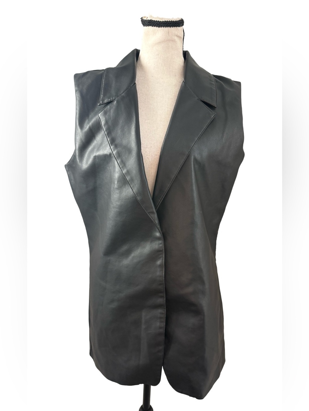Nine West Faux Leather Vest Blazer Black Longline Sleeveless Jacket Medium